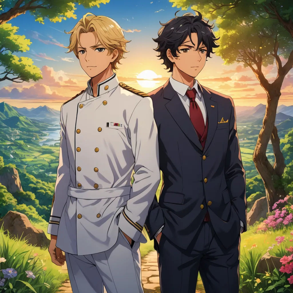 two anime characters standing next to each other in front of a sunset and trees with a path leading to the forest, sots art, an album cover, Ai-Mitsu, official art