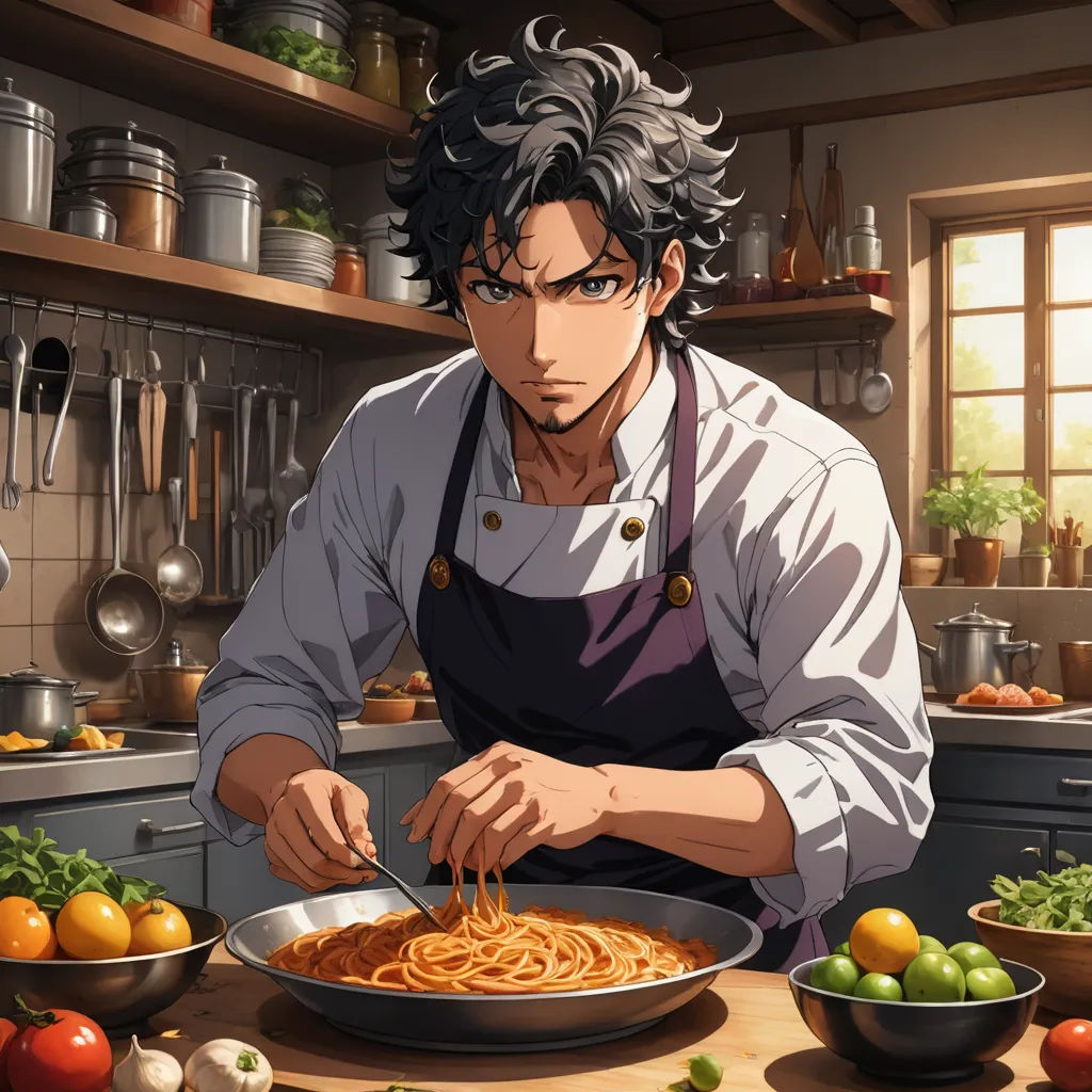 a man in an apron is cooking spaghetti in a kitchen with a bowl of vegetables and a pan of spaghetti, sots art, a stock photo, Anne Said, official art