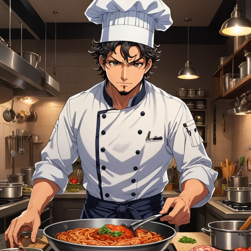 a man in a chef's hat is cooking spaghetti in a pan on a stove top in a kitchen, remodernism, a stock photo, Anthony Angarola, official art