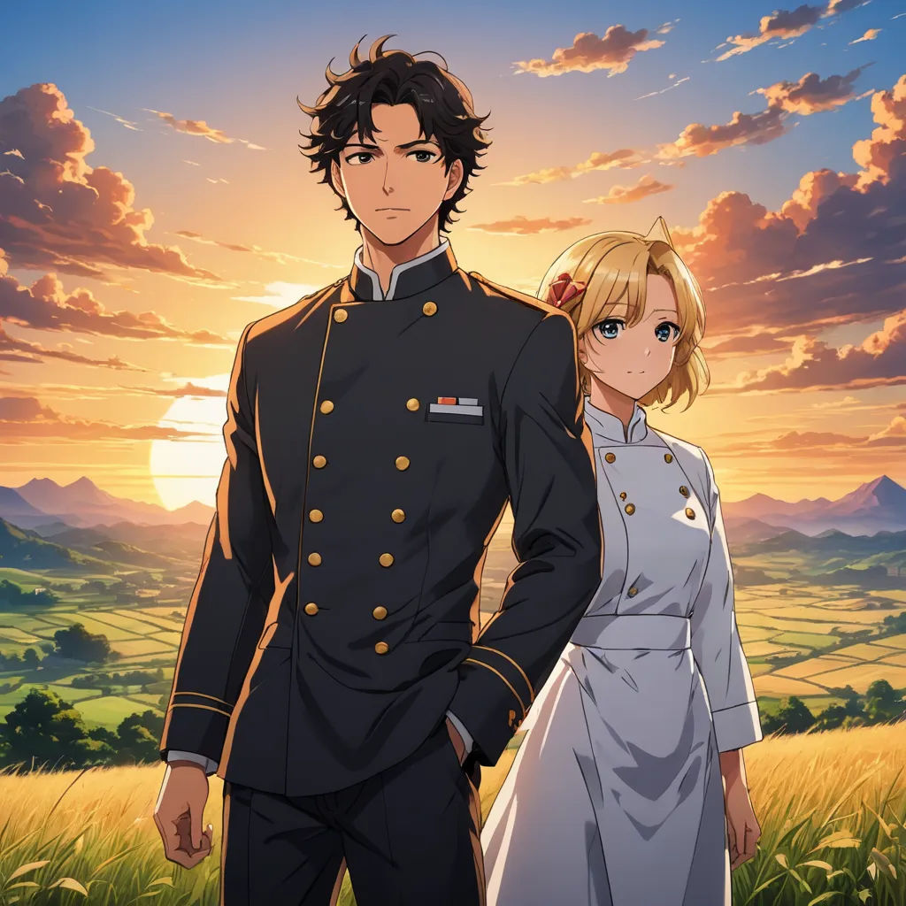 a man and a woman in military uniforms standing in a field at sunset with a sunset behind them and a mountain in the distance, neo-romanticism, a poster, Anne Said, official art