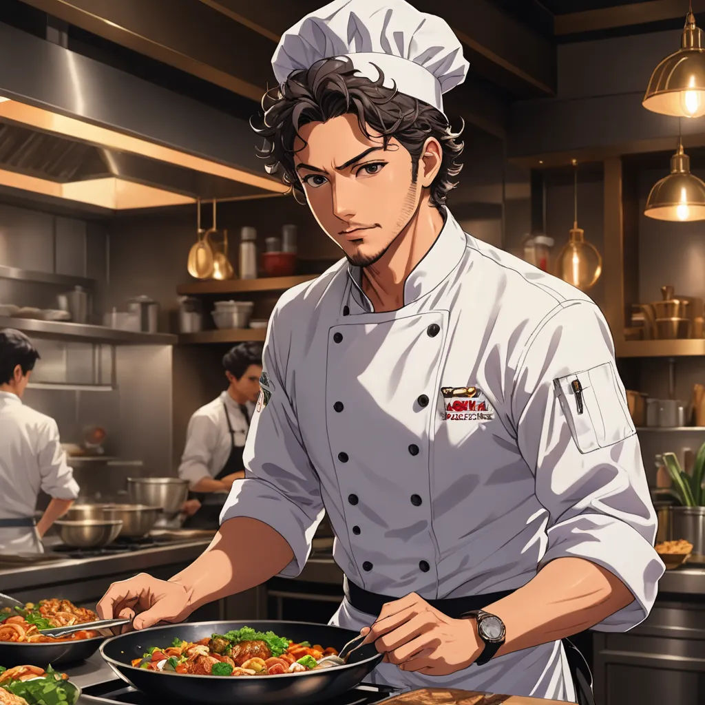 a man in a chef's uniform is cooking food in a kitchen with other people in the background, sots art, a stock photo, Adam Manyoki, official art