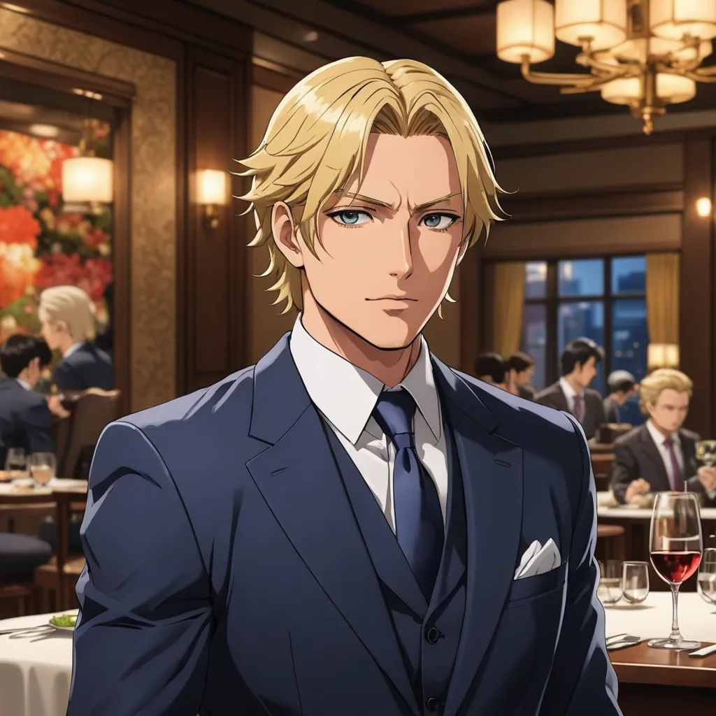 a man in a suit and tie standing in front of a table with wine glasses on it and a chandelier, remodernism, a character portrait, Cedric Seaut (Keos Masons), official art