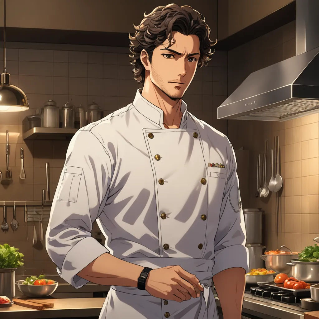 a man in a chef's outfit standing in a kitchen next to a stove top oven and a counter, remodernism, a character portrait, Cedric Seaut (Keos Masons), official art