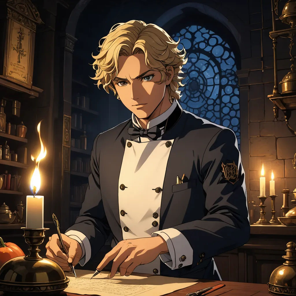 a man in a suit sitting at a table with a pen and paper in front of him and a candle in the background, remodernism, a character portrait, Edmond Xavier Kapp, official art