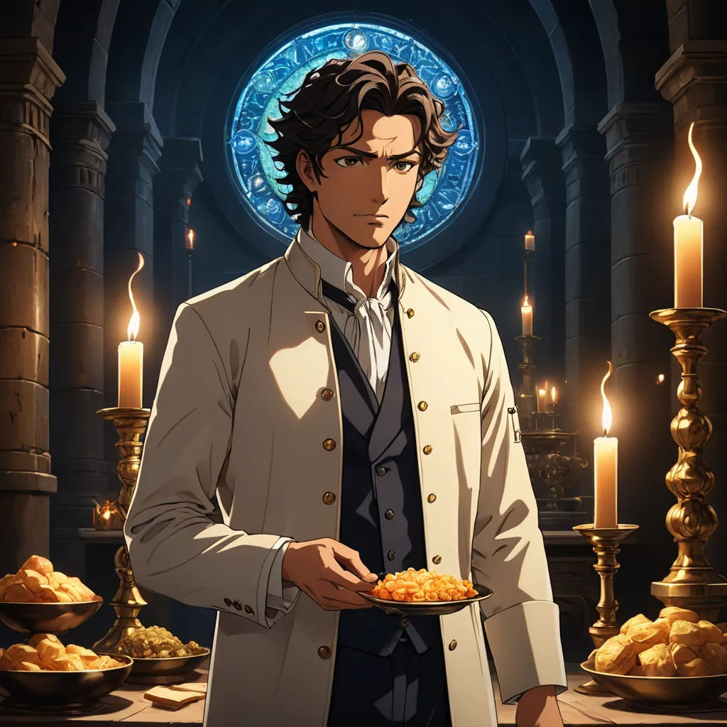 a man in a suit holding a plate of food in front of a table with candles and a clock, pre-raphaelitism, a character portrait, Edgar Ainsworth, official art