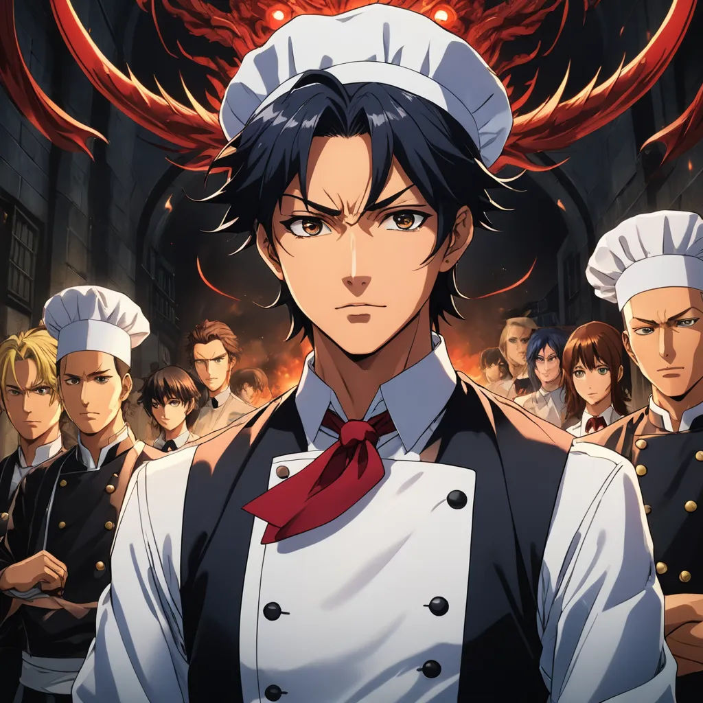 a man in a chef's outfit standing in front of a group of people in uniform with a dragon in the background, rayonism, a poster, Baiōken Eishun, official art