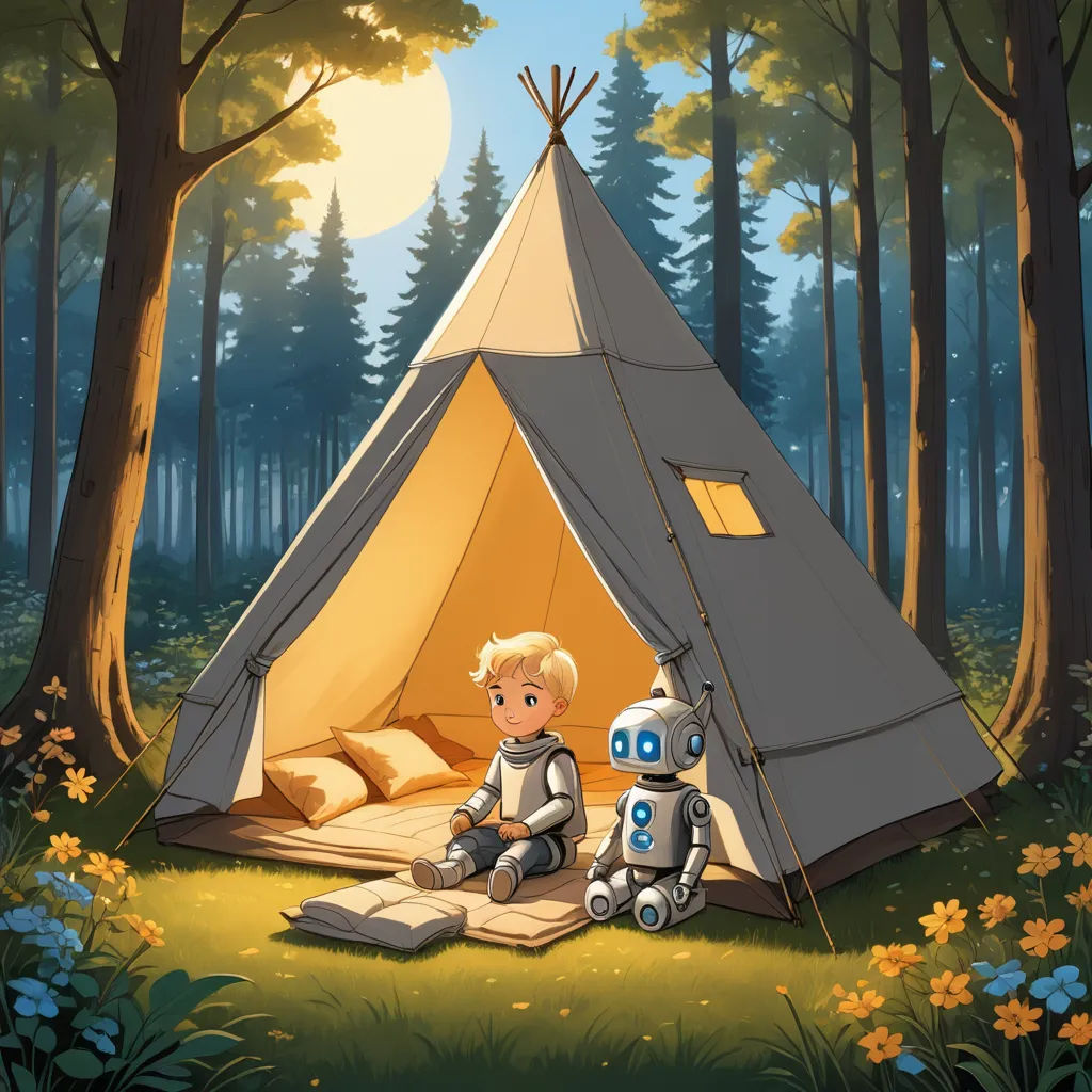 a boy and a robot sitting in front of a tent in the woods with a tent on the ground, les automatistes, a storybook illustration, Diego Gisbert Llorens, rossdraws global illumination