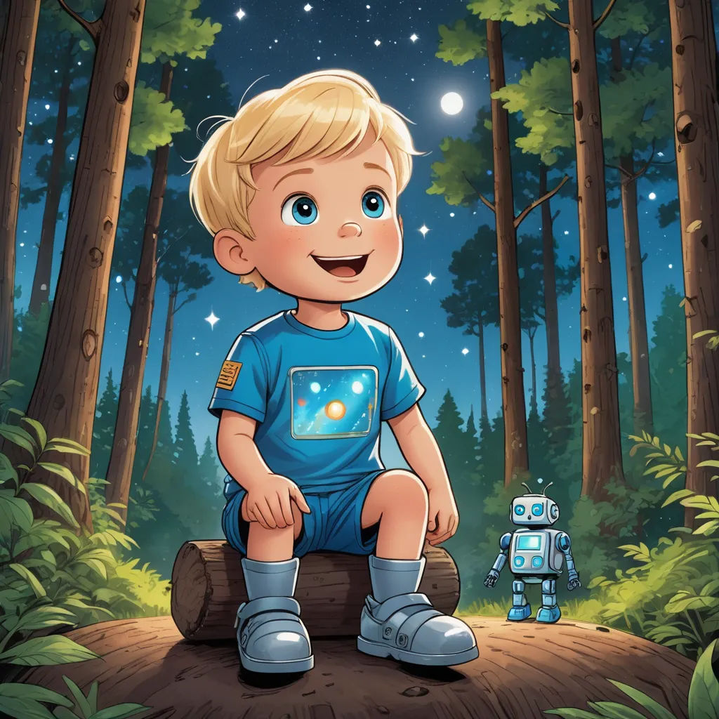 a boy sitting on a log in the woods with a robot nearby in the background of the picture,, space art, a storybook illustration, Aaron Jasinski, storybook illustration