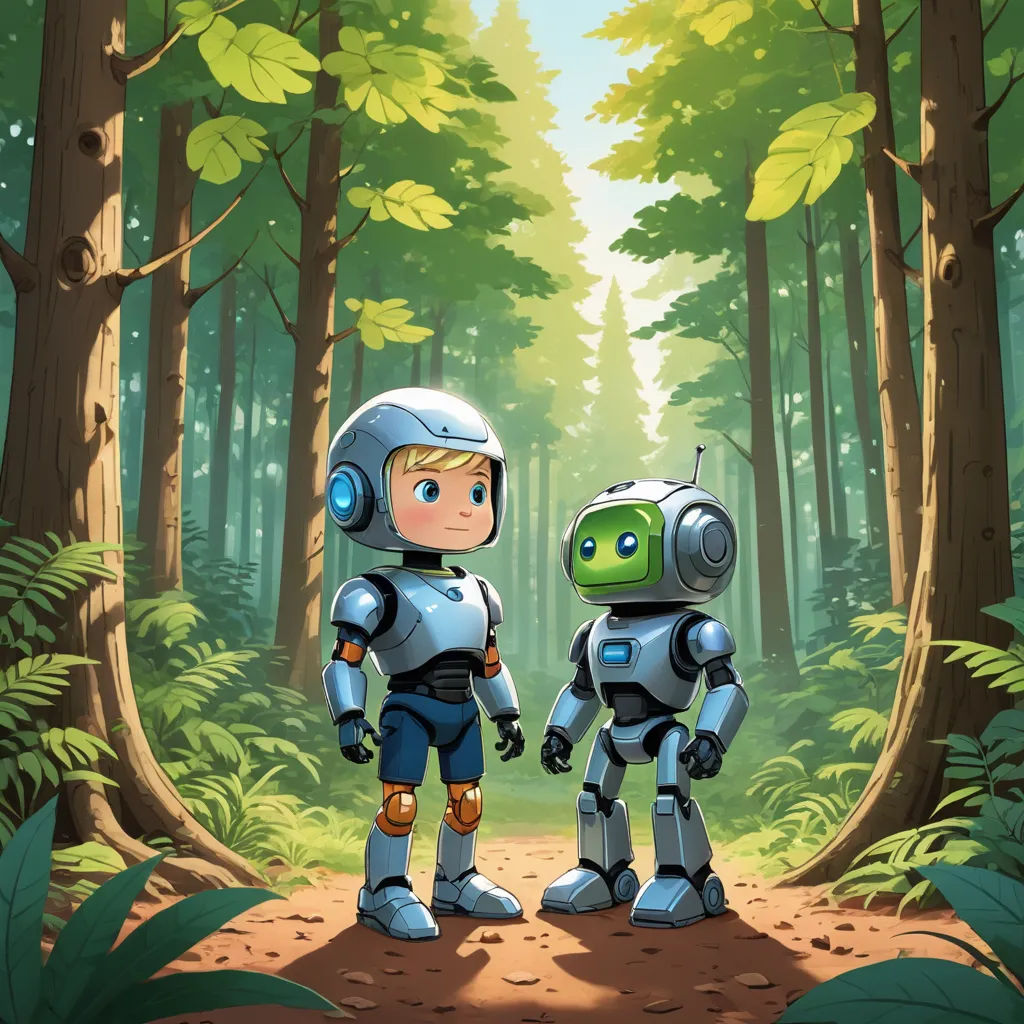 two robots standing in the middle of a forest with trees and bushes behind them, one robot is looking at the other robot, space art, a storybook illustration, Diego Gisbert Llorens, promotional image