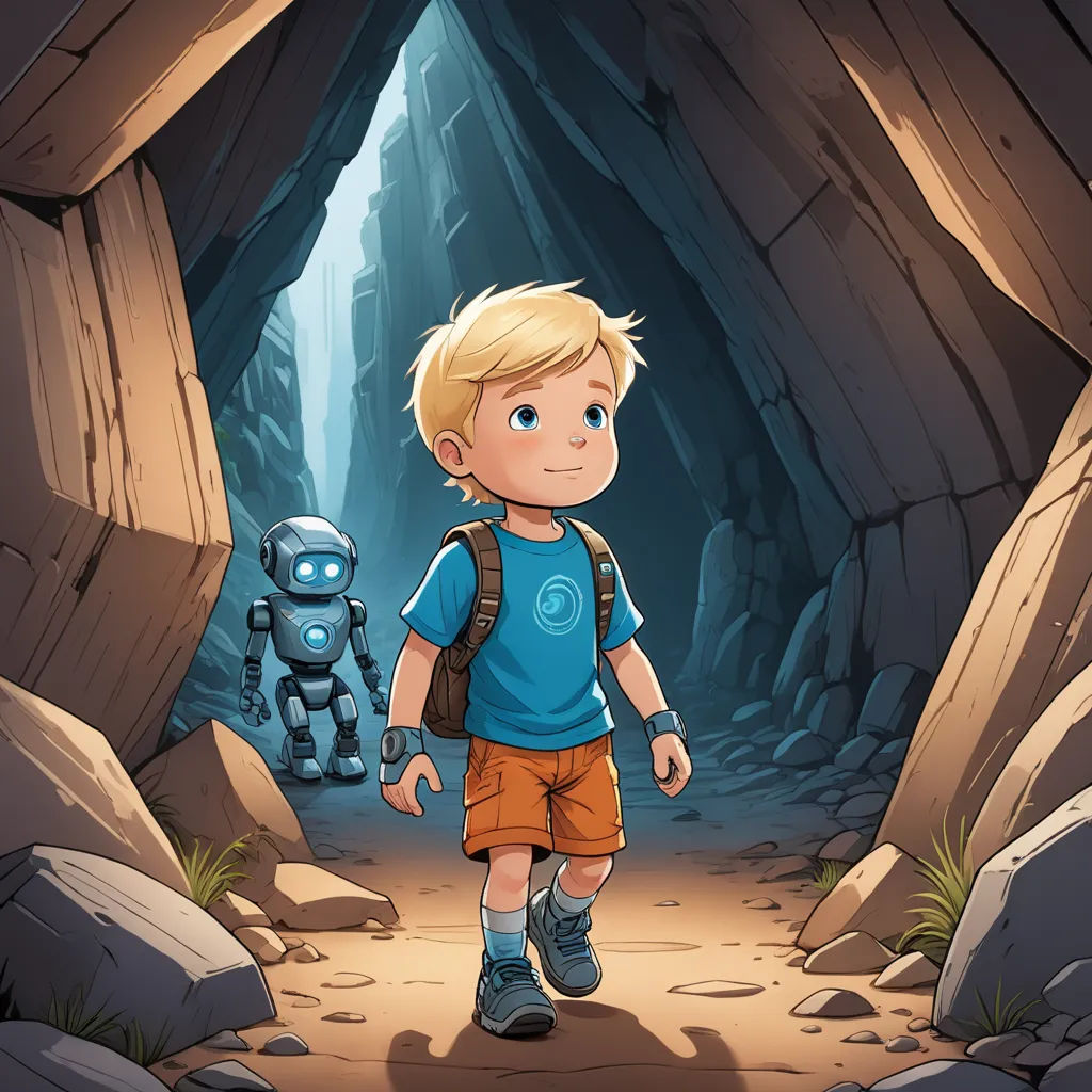 a boy is walking through a cave with a robot behind him and a robot behind him in the background, les automatistes, a storybook illustration, Diego Gisbert Llorens, rossdraws global illumination