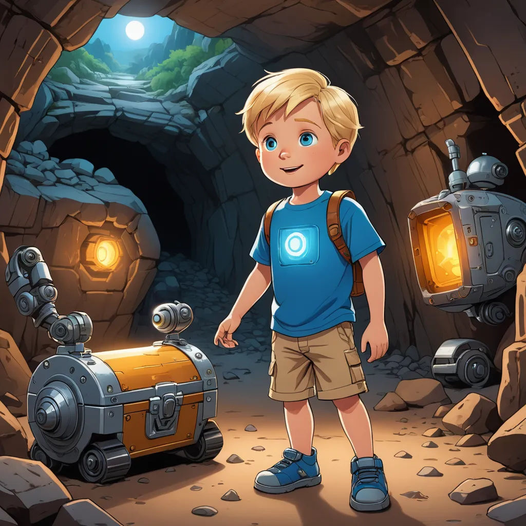 a boy standing in a cave with a small robot next to him and a glowing light in the cave, sots art, concept art, Aaron Jasinski, rossdraws global illumination