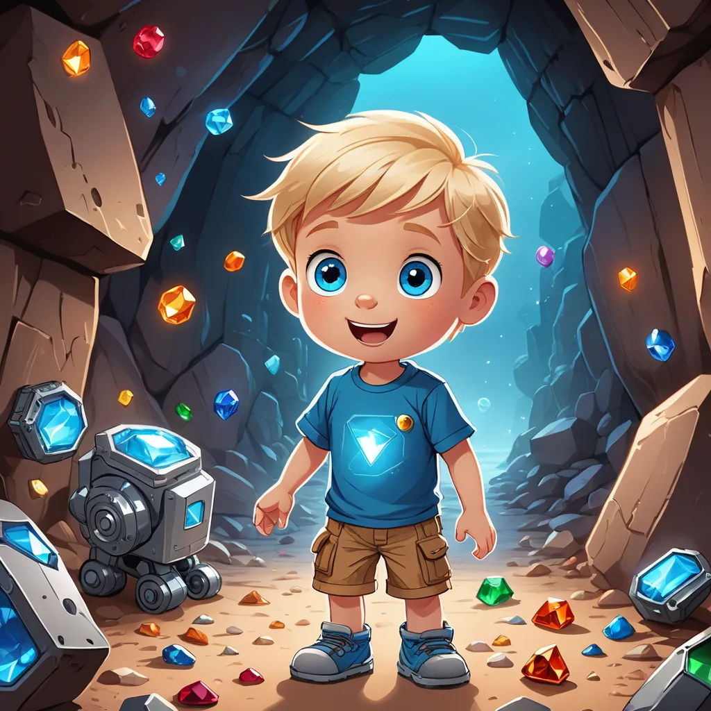 a boy standing in a cave with a bunch of jewels around him and a robot in the background with a glowing light on his face, sots art, concept art, Chase Stone, rossdraws global illumination