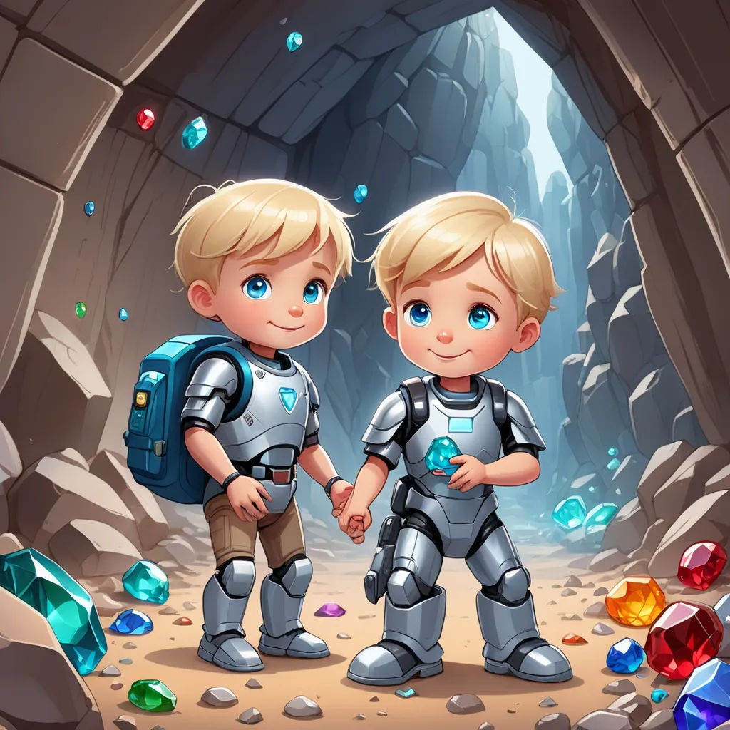 two boys in a cave with a backpack and a backpack on their backs, holding hands and looking at each other, space art, concept art, Brothers Hildebrandt, rossdraws global illumination