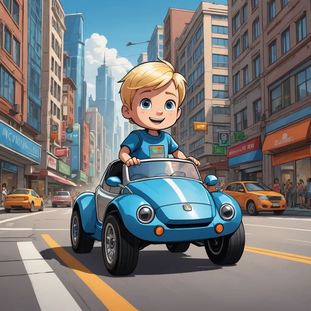 a boy driving a car in the middle of the street in a cartoon style, with a city in the background, lyco art, a storybook illustration, Aaron Jasinski, promotional image
