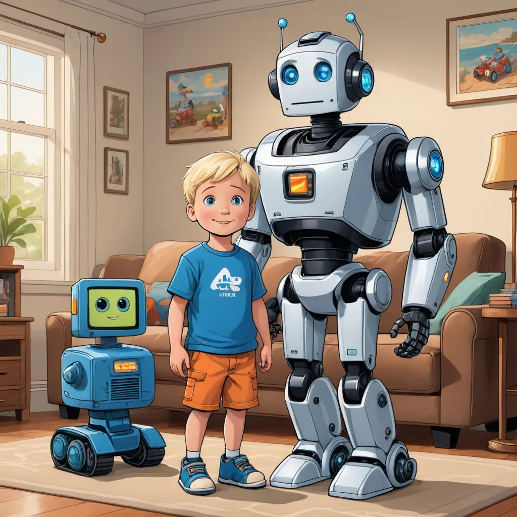 a boy standing next to a robot in a living room with a couch and a table with a lamp on it, les automatistes, a storybook illustration, Artur Grottger, robots