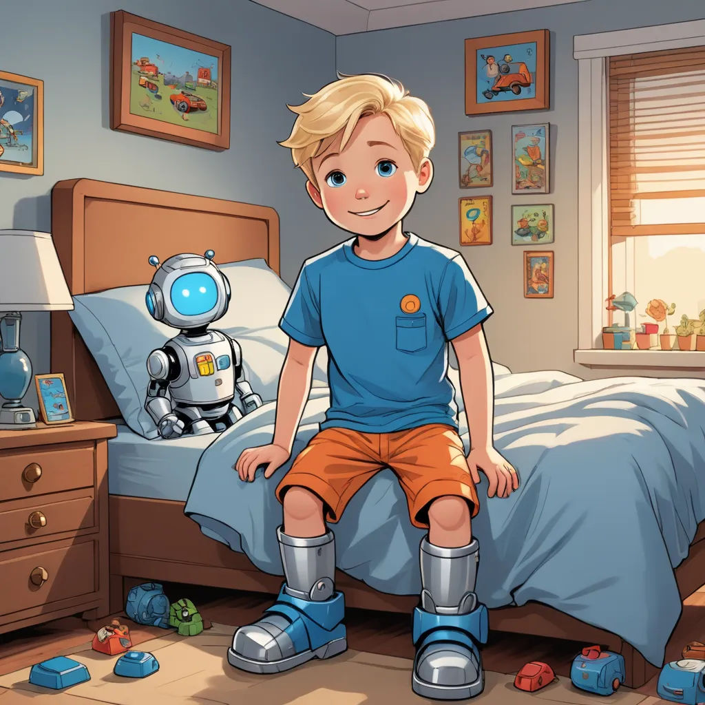 a boy sitting on a bed in a bedroom with a robot on the bed and a toy robot on the floor, sots art, a storybook illustration, Diego Gisbert Llorens, rossdraws global illumination