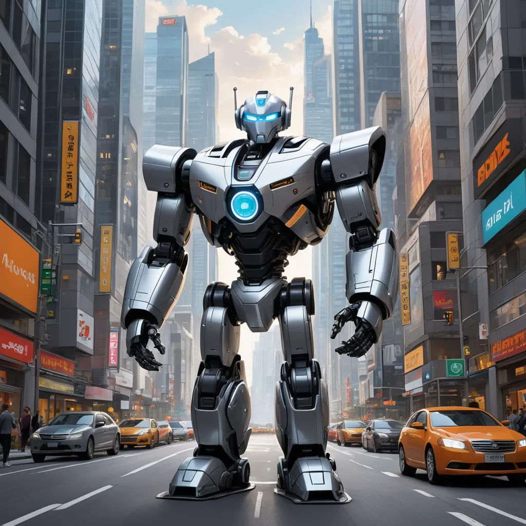 a robot standing in the middle of a city street with cars and buildings in the background, with a yellow taxi driving by, lyco art, a digital rendering, Altichiero, robot