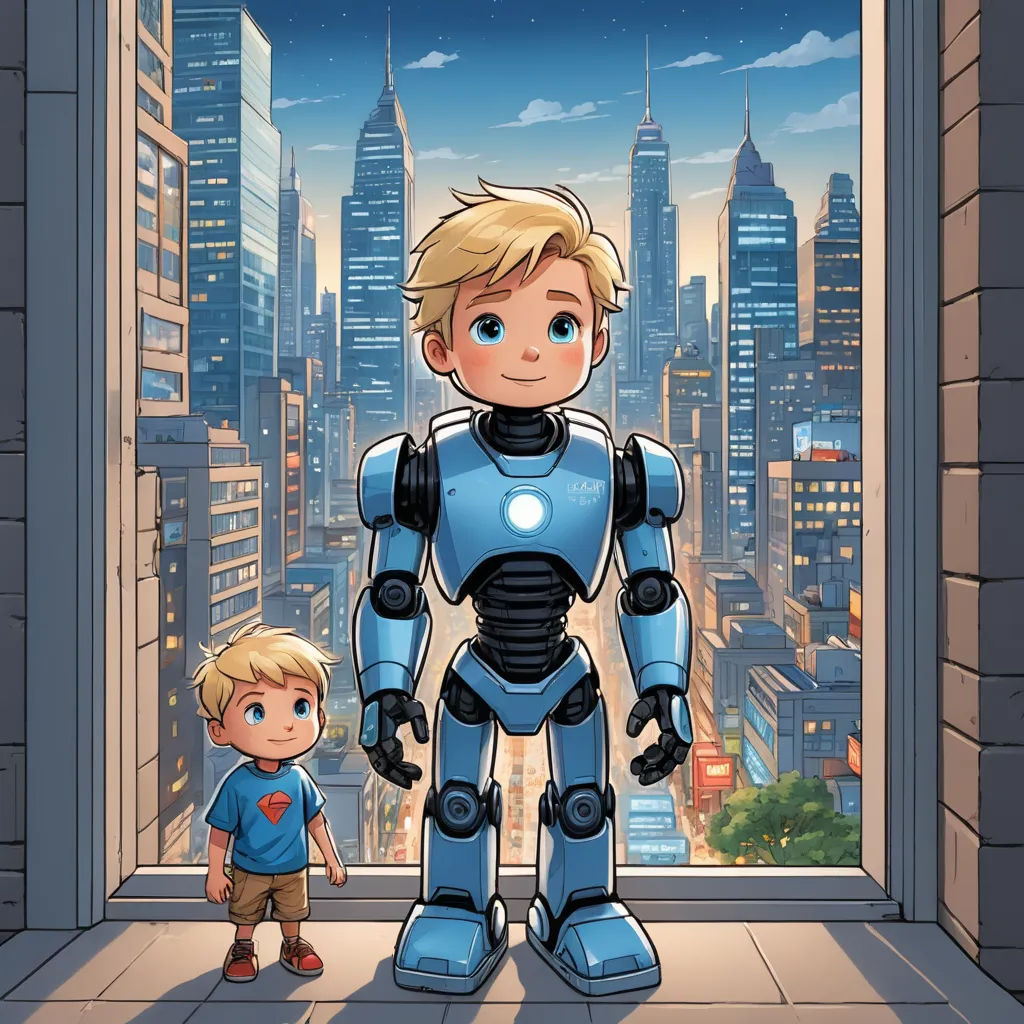 a boy standing next to a robot in a window with a city view behind him and a boy standing next to it, lyco art, a storybook illustration, Aaron Jasinski, comic cover art