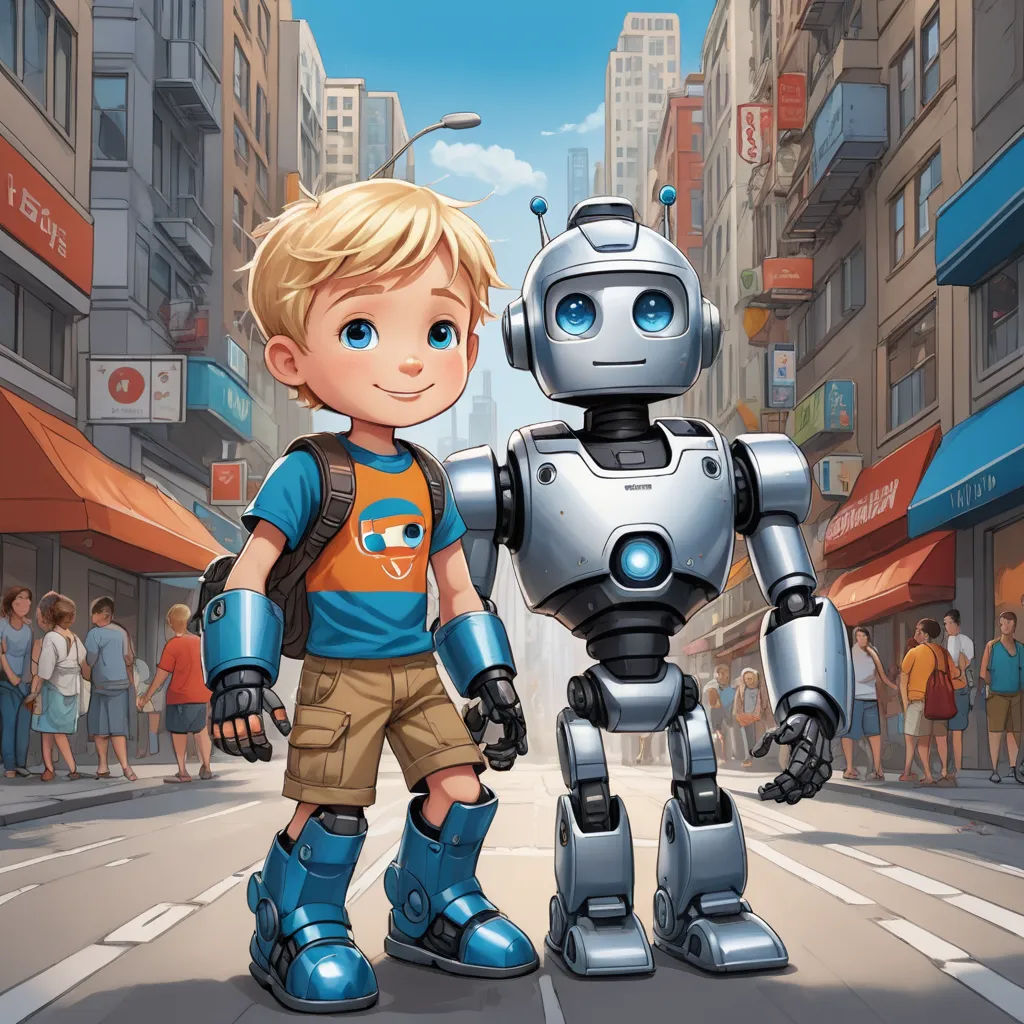 a boy standing next to a robot on a city street with people in the background and a robot in the foreground, les automatistes, a storybook illustration, Diego Gisbert Llorens, rossdraws global illumination