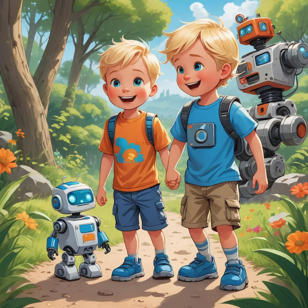 two boys are standing in the woods with a robot behind them, and a camera is on the ground, les automatistes, a storybook illustration, Brothers Hildebrandt, robots