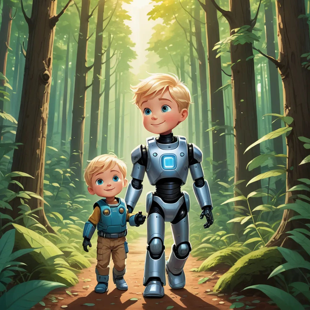 a boy and a robot walking through a forest together in a cartoon style illustration by matt miller for the children's book, the little prince and the big hero, les automatistes, a storybook illustration, Aaron Jasinski, promotional image