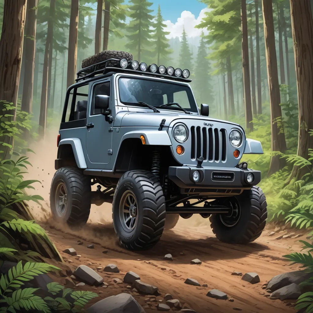 a jeep driving through a forest on a dirt road with rocks and trees around it and a sky background, serial art, a digital rendering, Dan Mumford, dan mumford. octane render