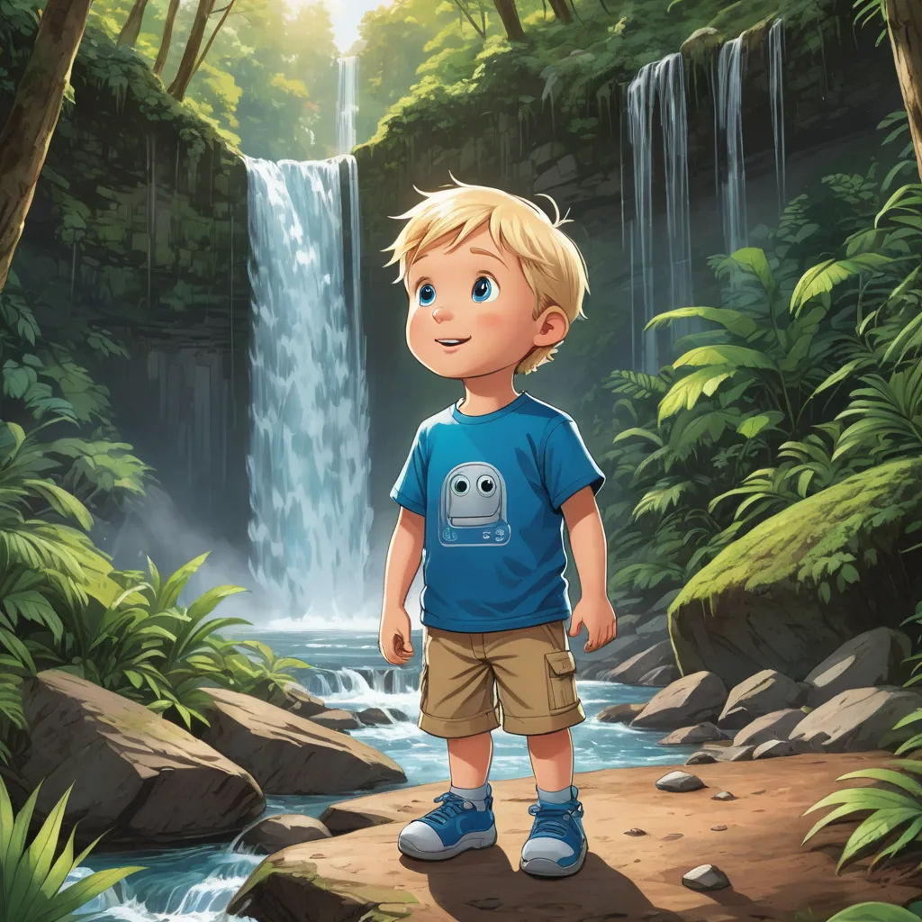 a boy standing in front of a waterfall in a forest with a waterfall in the background and a forest with a waterfall in the foreground, sots art, a storybook illustration, Aaron Jasinski, magic the gathering artwork