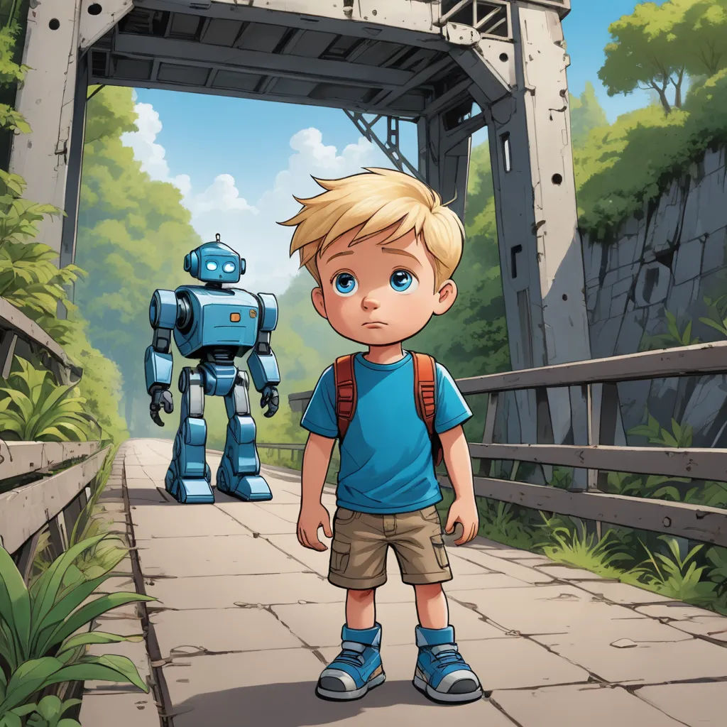 a boy standing on a bridge with a robot behind him and a bridge in the background with a robot on it, photorealism, a storybook illustration, Aaron Jasinski, rossdraws global illumination