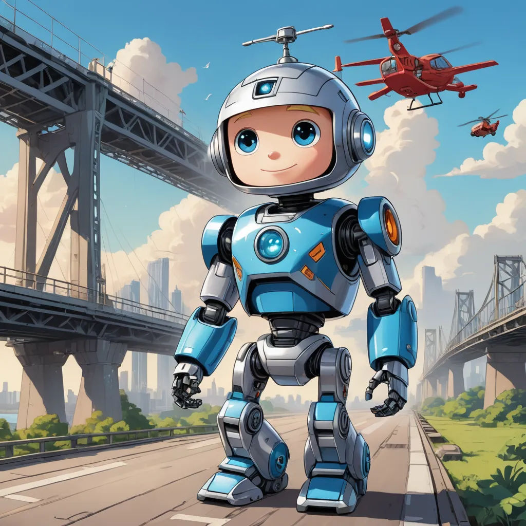 a robot is standing on a road near a bridge and a helicopter is flying overhead in the sky above, cubo-futurism, concept art, Diego Gisbert Llorens, robot