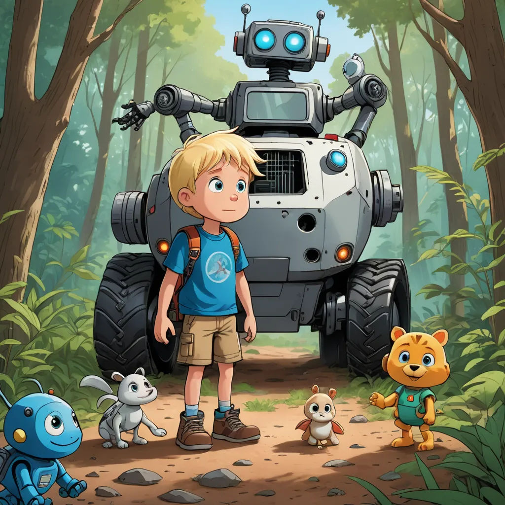a boy standing in front of a robot in the forest with other animals around him and a dog on the ground, sots art, a storybook illustration, Diego Gisbert Llorens, promotional image