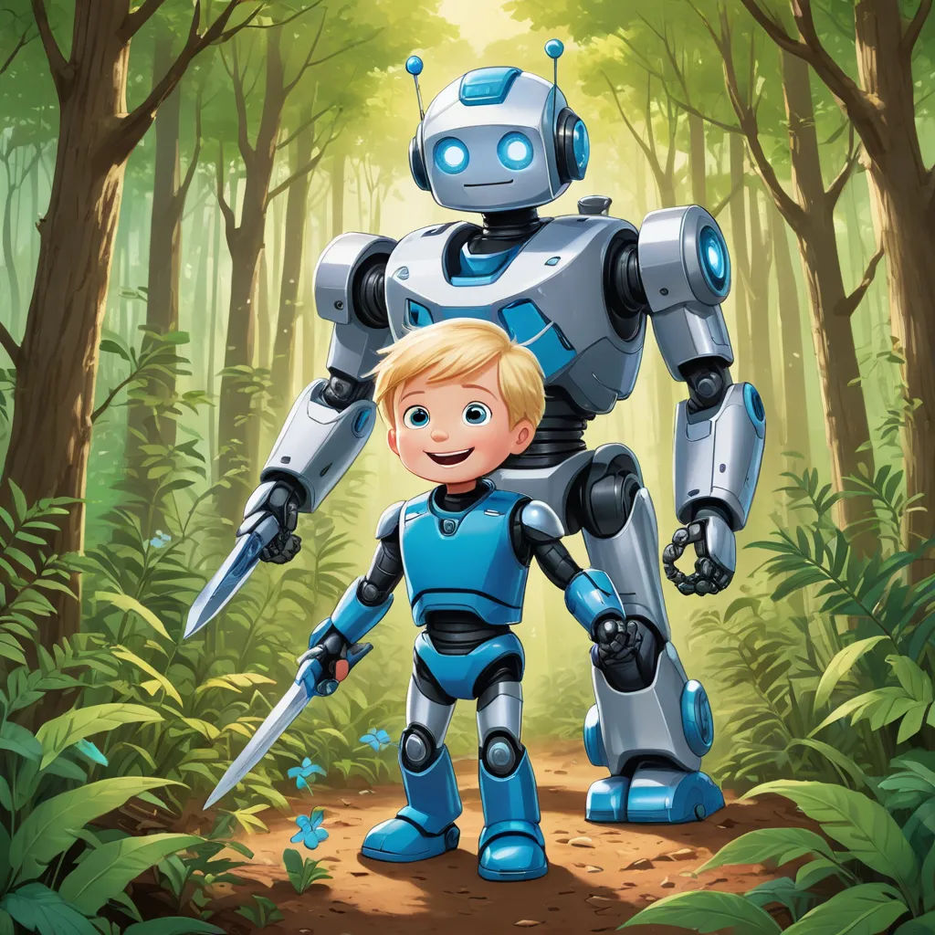 a boy standing in the woods with a robot behind him in front of a forest with trees and bushes, antipodeans, a storybook illustration, Adam Rex, robot