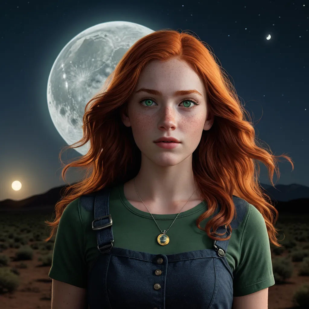 a woman with red hair and a green shirt is standing in front of a full moon and stars sky, photorealism, a character portrait, Caroline Lucy Scott, ultra realistic digital art