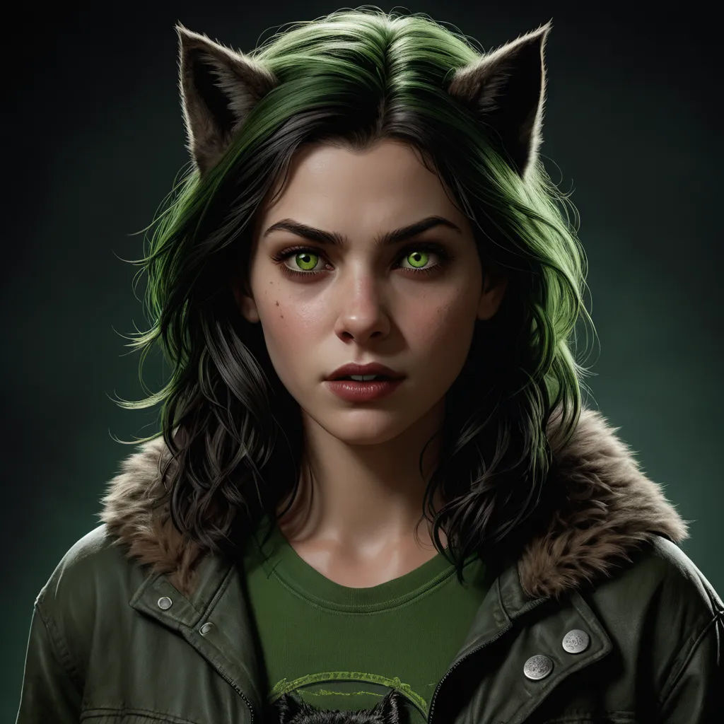 a woman with green eyes and a cat's head on her head, wearing a green jacket and a green jacket, furry art, a character portrait, Cedric Peyravernay, ultra realistic digital art