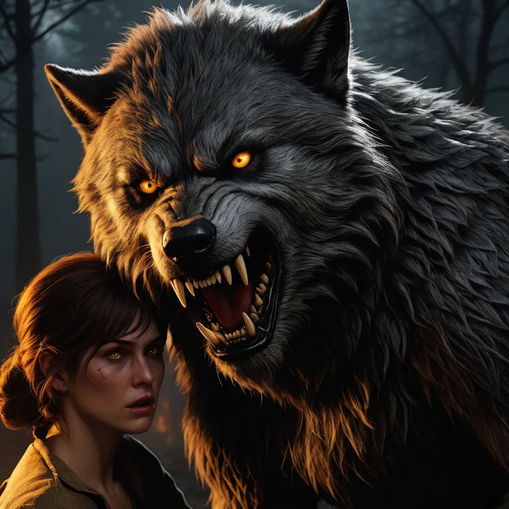 a woman and a wolf are in the woods with trees in the background and a full moon in the sky, furry art, concept art, Eddie Mendoza, trending on artstation hq