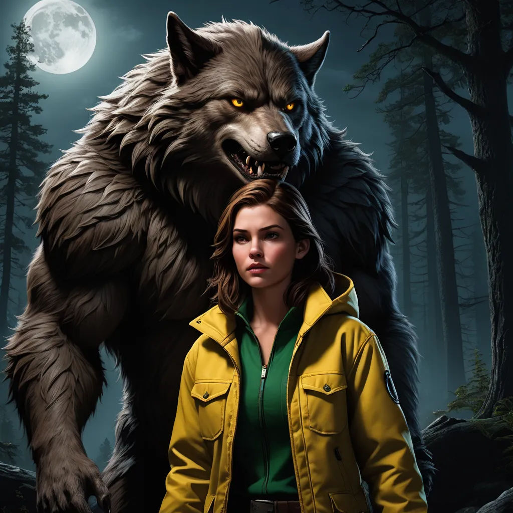 a woman standing next to a giant wolf in a forest at night with a full moon behind her and a wolf behind her, furry art, poster art, Anne Stokes, key art