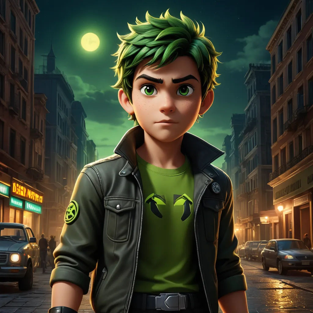 a cartoon character with green hair and a green shirt on a city street at night with a full moon in the background, sots art, concept art, Eddie Mendoza, key art