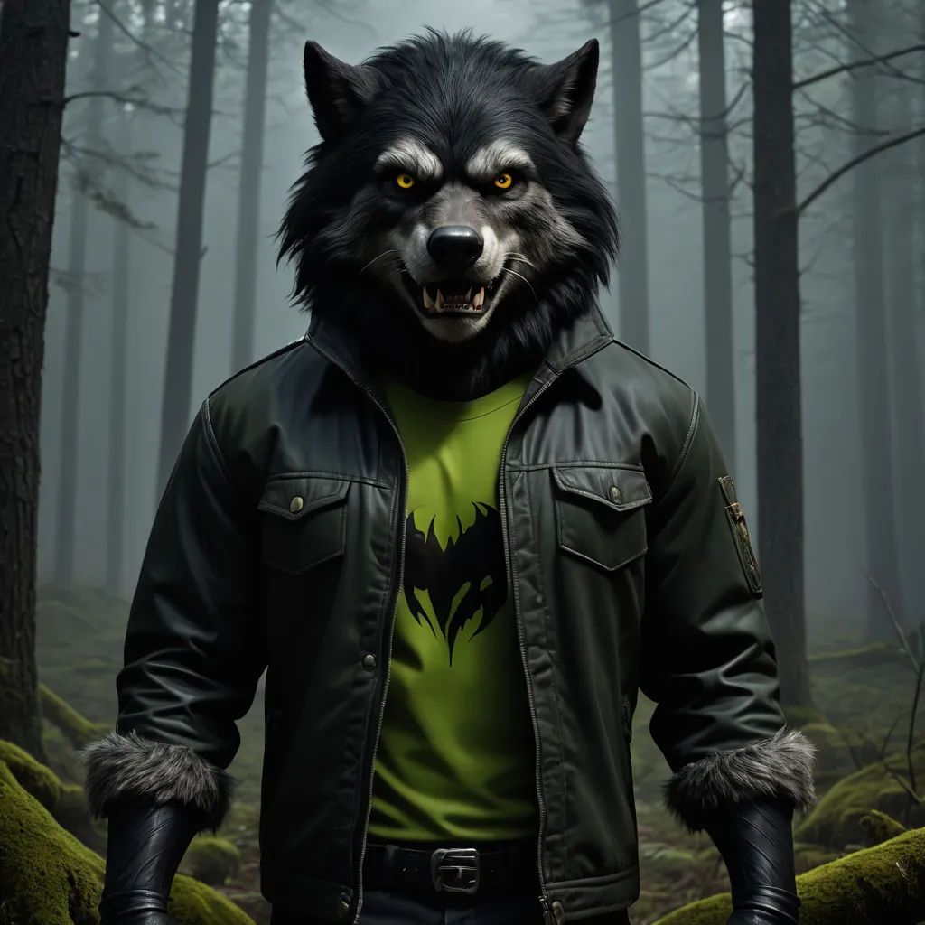 a man in a leather jacket with a wolf mask on his face and a green shirt on his chest, furry art, a 3D render, Caspar Wolf, realistic shaded lighting