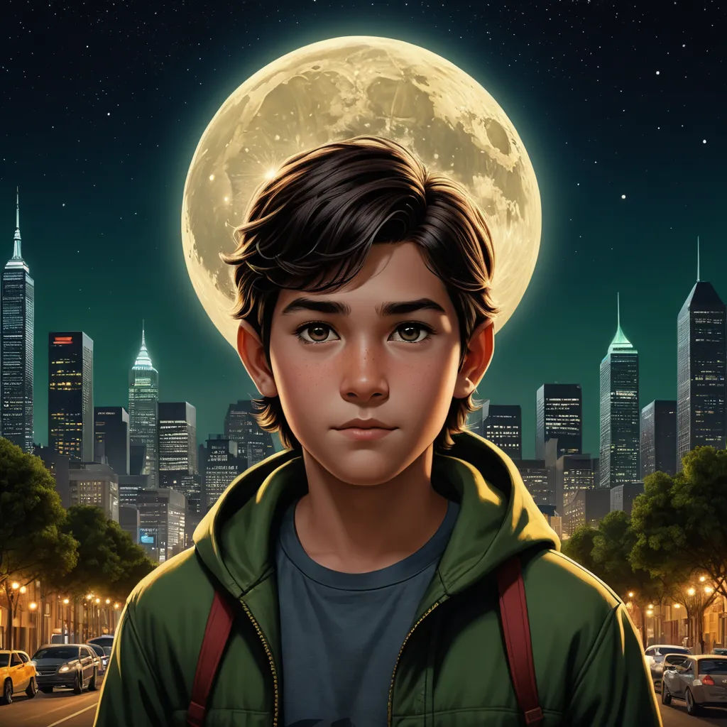 a boy in a green jacket is standing in front of a city with a full moon in the background, sots art, a character portrait, Aaron Jasinski, key art