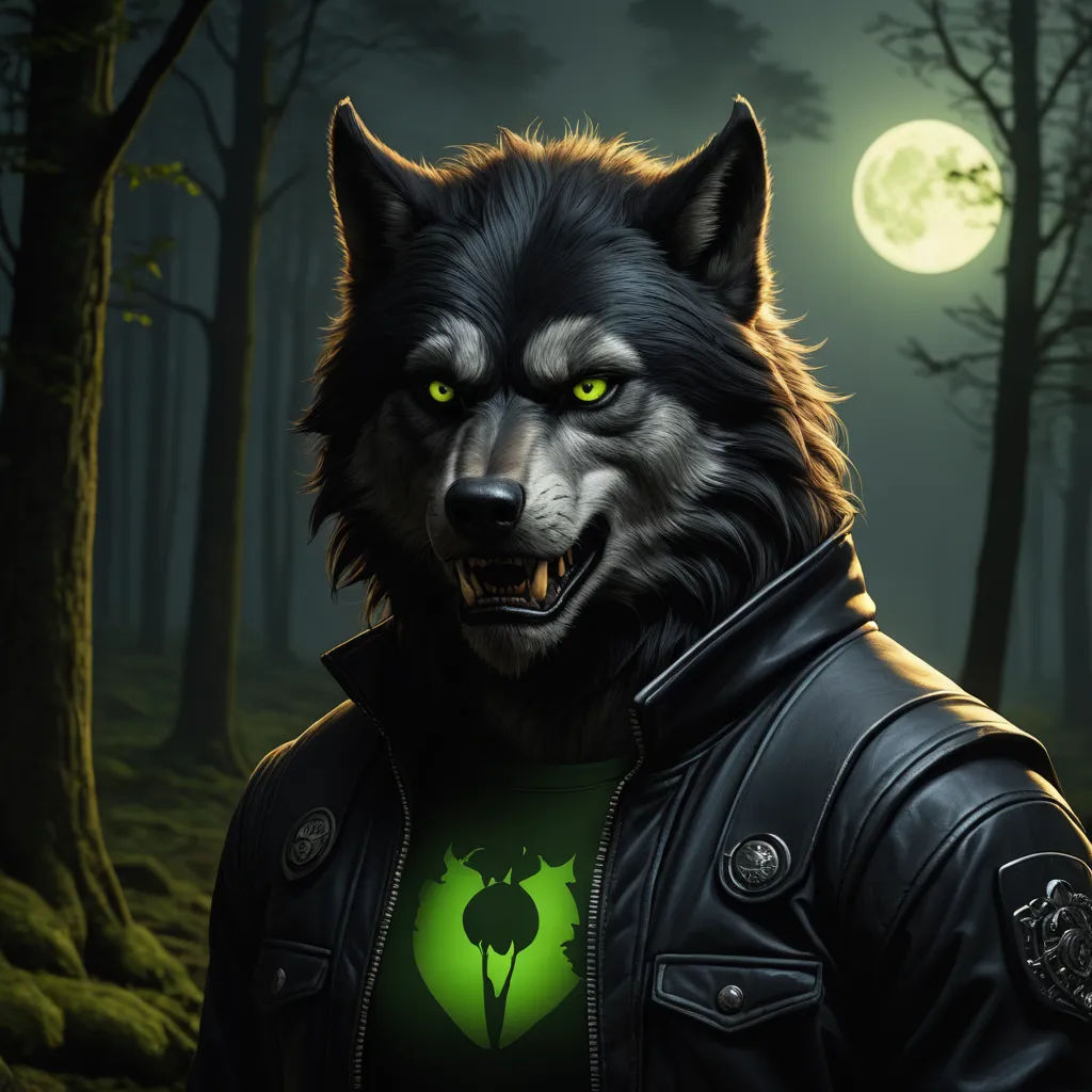 a wolf with green eyes and a leather jacket in a forest with trees and moon in the background, with a full moon in the sky, furry art, a character portrait, Anne Stokes, full moon