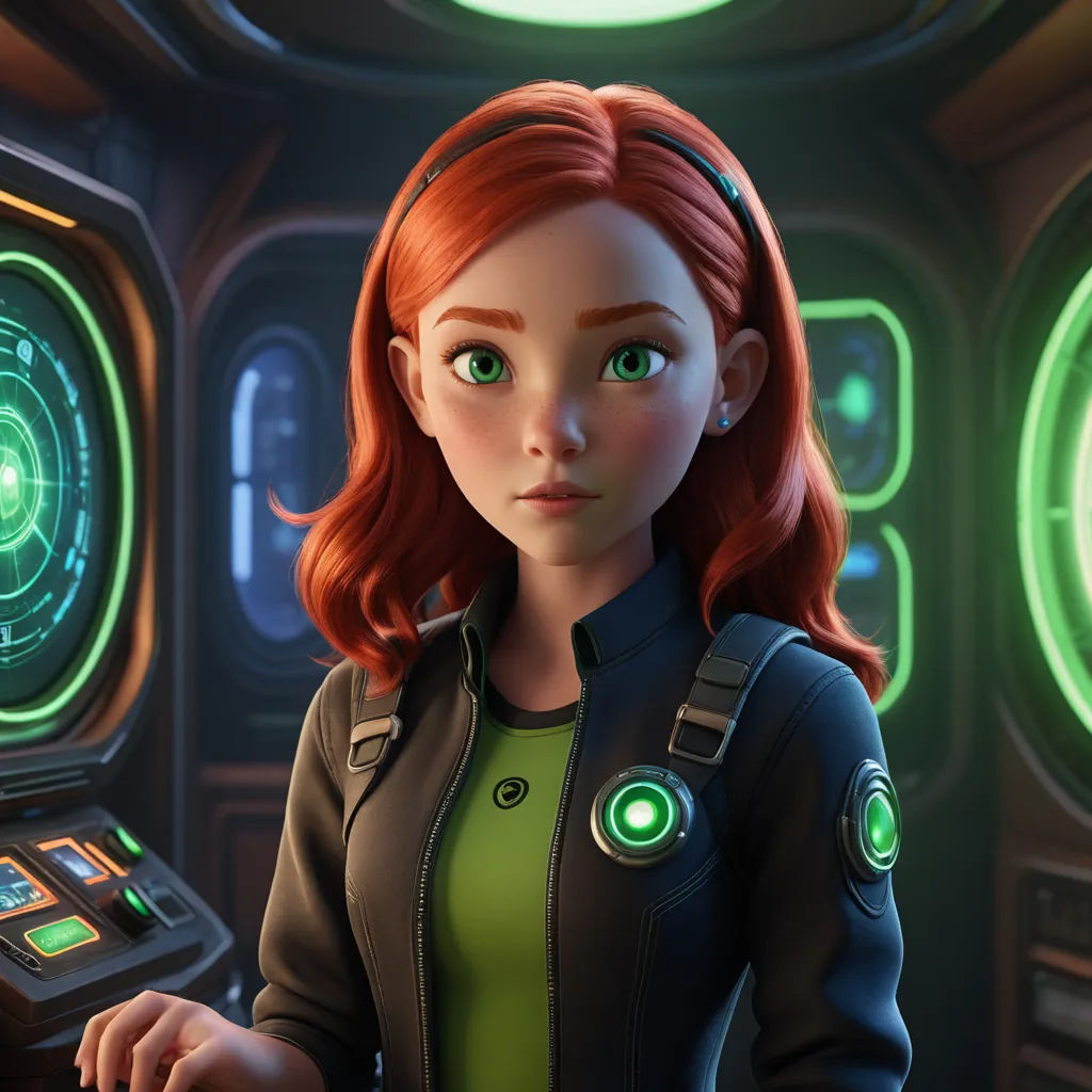 a woman in a green shirt and black jacket standing in front of a machine with green lights on it, sots art, a character portrait, Esther Blaikie MacKinnon, unreal engine 5 quality render