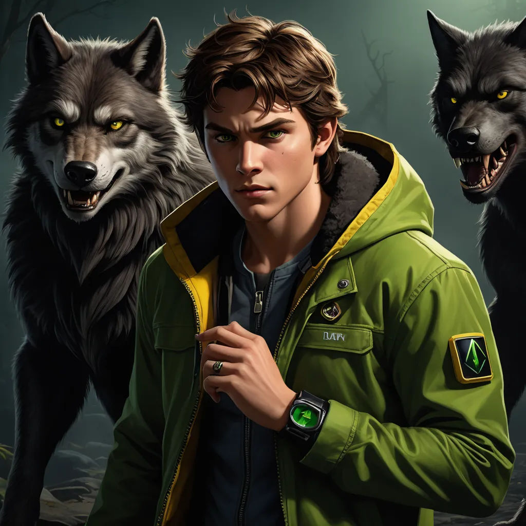 a man in a green jacket standing next to two wolfs in the woods with glowing eyes and a green jacket, sots art, a character portrait, Cedric Seaut (Keos Masons), key art