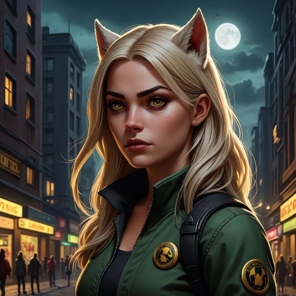 a woman in a green jacket and a cat ears on her head is standing in the street at night, furry art, a character portrait, Charlie Bowater, stanley artgerm lau