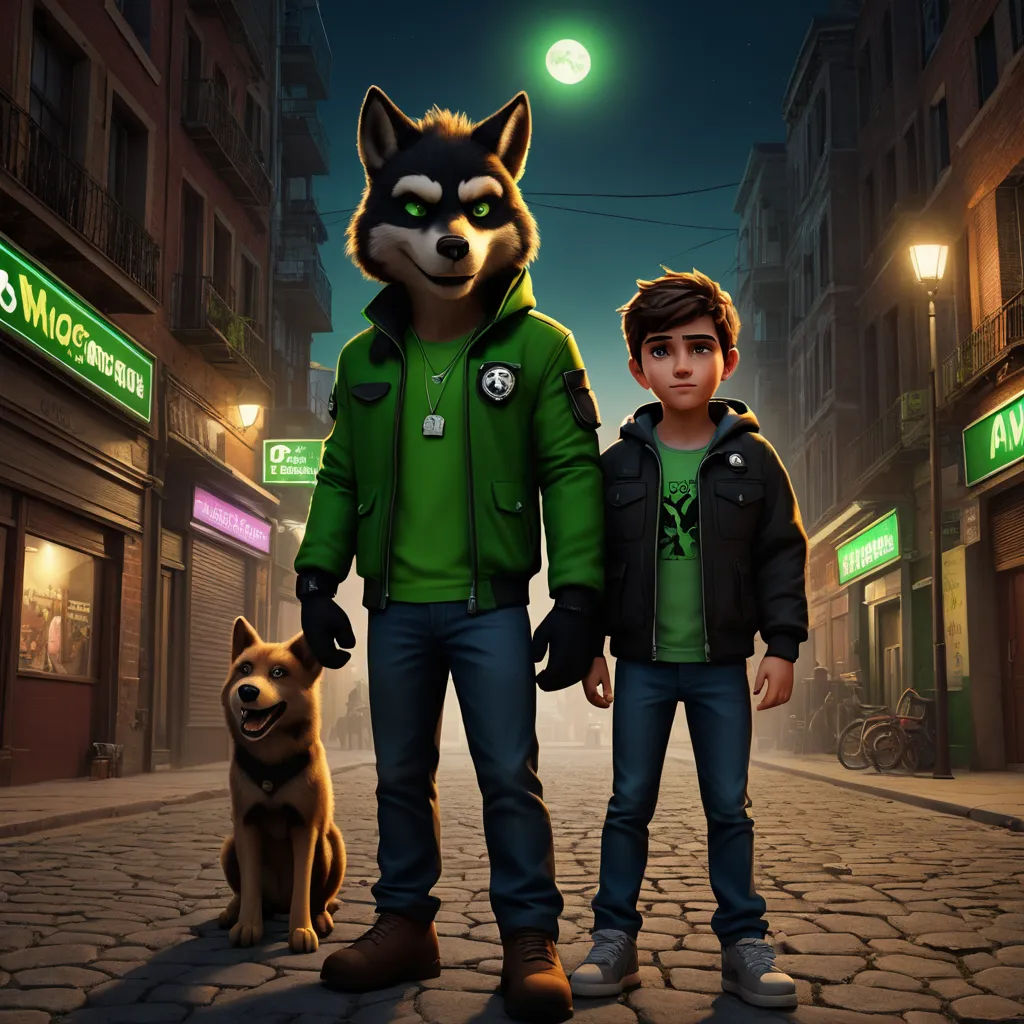 a boy and a boy standing next to a dog on a street at night with a full moon in the sky, furry art, concept art, Eddie Mendoza, key art