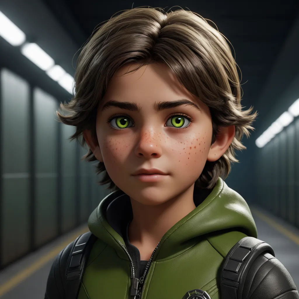 a young boy with green eyes and a green jacket on in a hallway with a yellow line on the floor, photorealism, concept art, Cliff Childs, unreal engine 5 highly rendered