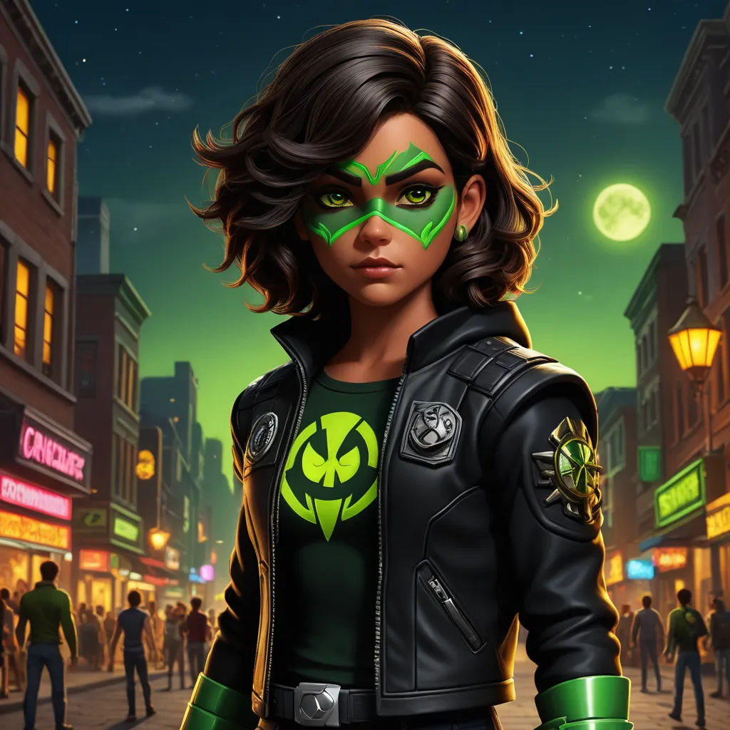 a woman in a green and black outfit standing in a city at night with a green neon eye makeup, fantasy art, concept art, Anne Stokes, key art