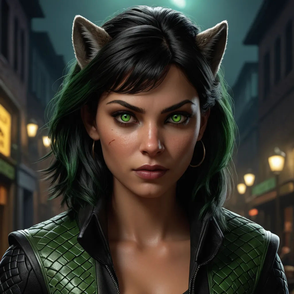 a woman with green eyes and a cat ears on her head in a city street at night with a street light, furry art, a character portrait, Cedric Peyravernay, official art