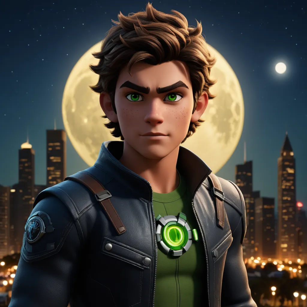 a man with green eyes standing in front of a city at night with a full moon in the background, sots art, a character portrait, Eddie Mendoza, unreal engine highly rendered