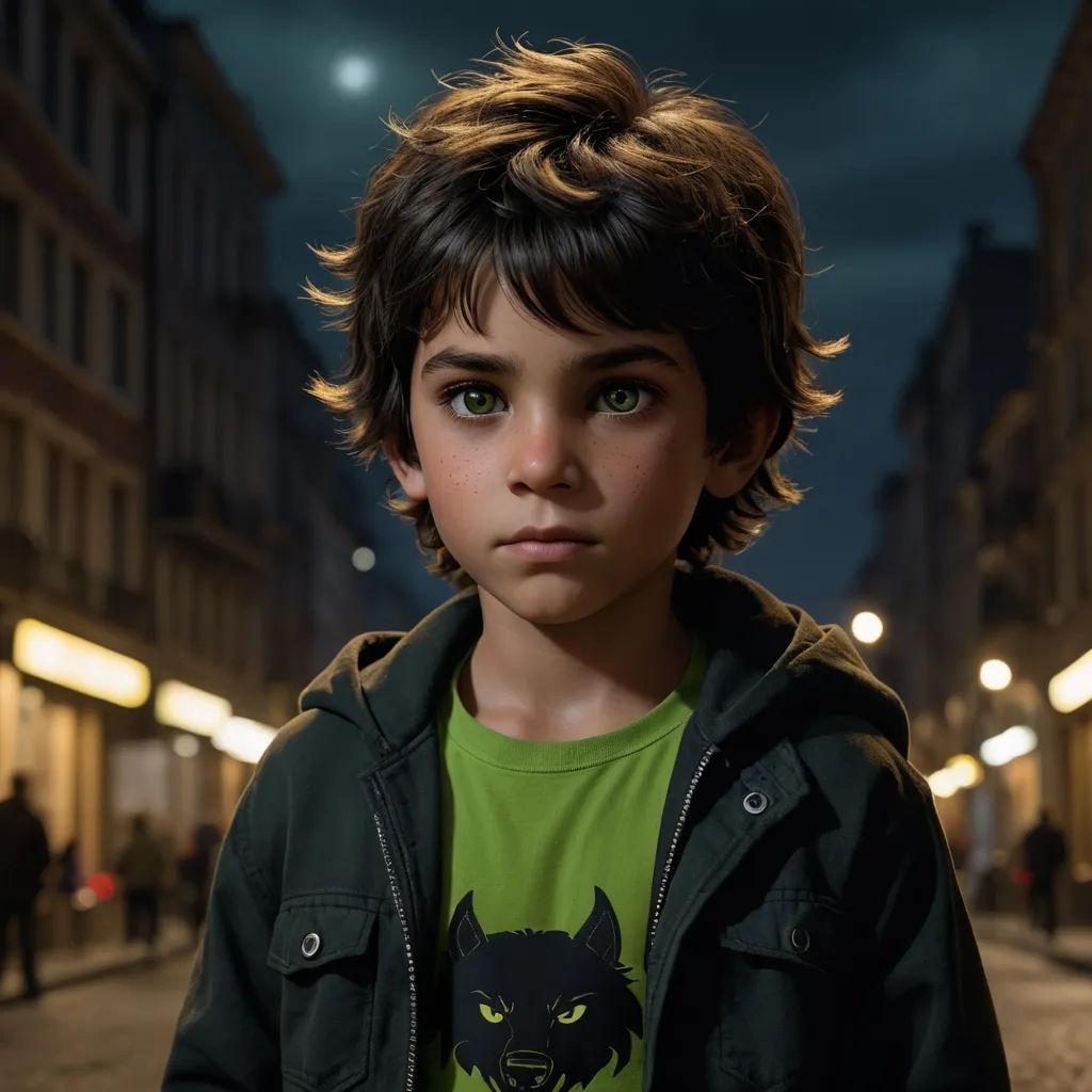 a young boy with a green shirt and a black cat on his shirt is standing in the street at night, photorealism, a photorealistic painting, Eddie Mendoza, photoreal