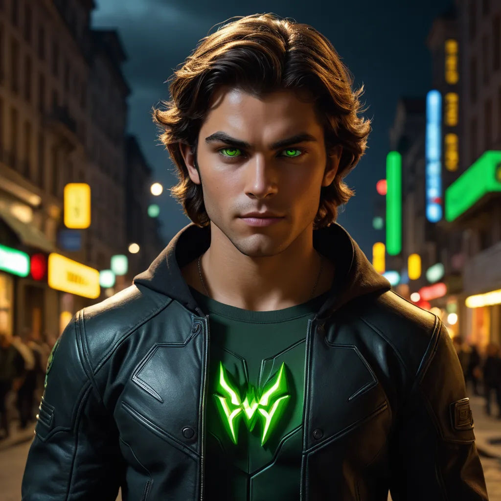 a man in a green jacket with a glowing green cat on his chest and green eyes, standing in a city street, antipodeans, concept art, Fletcher Martin, rossdraws global illumination