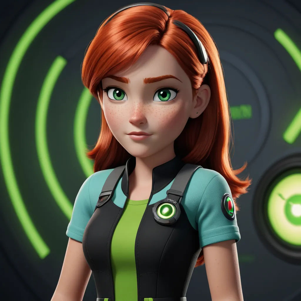 a cartoon character with red hair and green eyes, wearing a black and green outfit and a green and black collar, photorealism, a character portrait, Eve Ryder, unreal engine 5 quality render